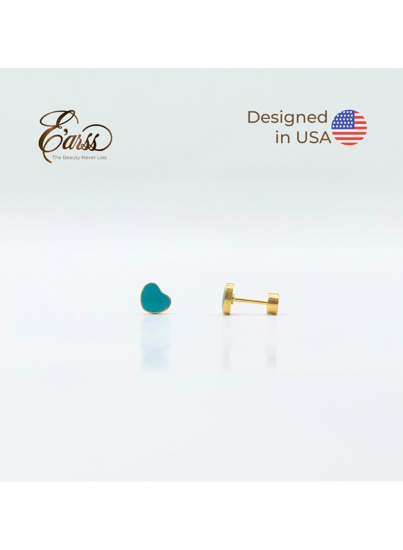 ايرس أقراط دبوسية على شكل قلب باللون الأخضر الفيروزي للأطفال، مطلية بالذهب - Image 3