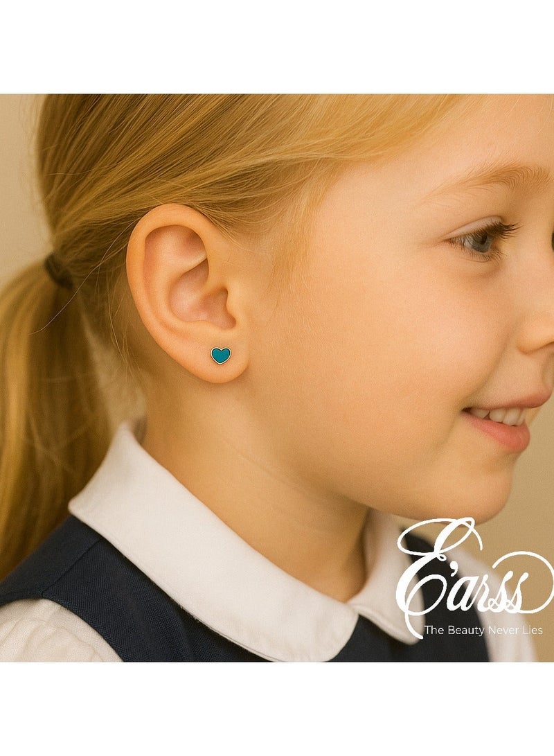 ايرس أقراط دبوسية على شكل قلب باللون الأخضر الفيروزي للأطفال، مطلية بالذهب - Image 2