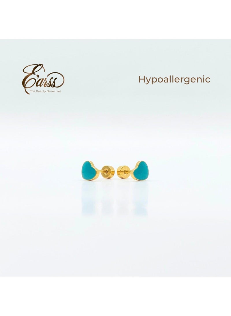 ايرس أقراط دبوسية على شكل قلب باللون الأخضر الفيروزي للأطفال، مطلية بالذهب - Image 4