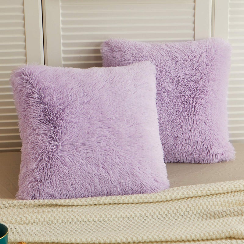 LIFEREVO 2 Pack Fluffy Faux Fur Pillow Shams 18 x 18 Inches Throw Pillow Covers Luxury Decorative Furry Pillowcases Cushion Cover for Christmas Zipper Closure No Pillow Insert Orchid - Image 1