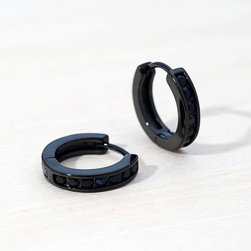 Tarsus 12mm Unisex Black Round CZ Hoop Earrings Huggie Ear Piercings Women Men Earrings - Image 5