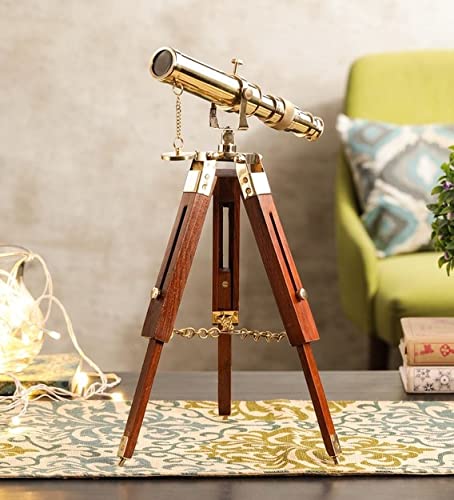 Ximdeco Handmade Nautical Floor Standing Vintage Style Brass Marine Telescope with Wooden Tripod Stand Showpiece (Golden) - Image 1