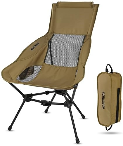 MARCHWAY Lightweight Folding High Back Camping Chair with Head Support Stable Portable Compact for Outdoor Camp Travel Beach Picnic Festival Hiking Backpacking Highback Khaki