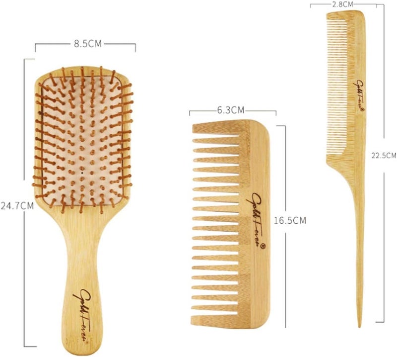 LELE Natural Bamboo Comb Set Wooden Massage Hair Brush with Wide Tooth Comb & Grooming Comb for Women Men and Kids - Reduce Frizz and Massage Scalp - Image 2