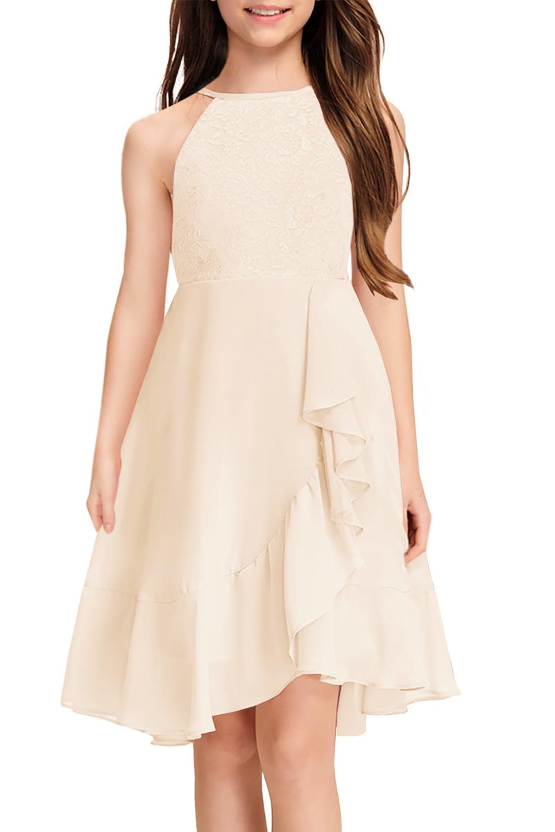 MITILLY Girls Lace Flower Ruffle Dress Chiffon Halter A Line High Low Flowy Junior Bridesmaid Dresses for Wedding Party 12 Years Cream