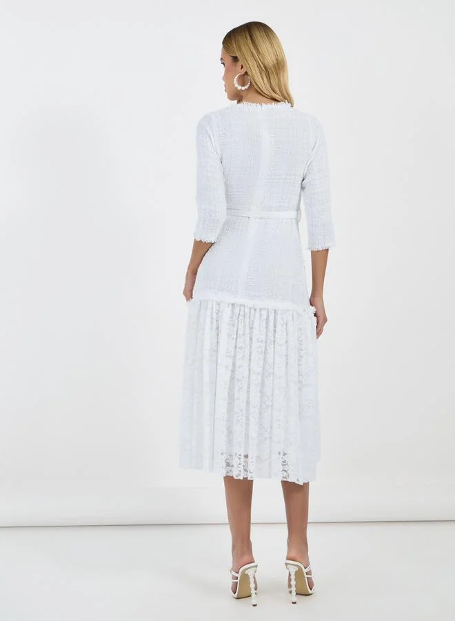 Styli Belted Tweed Lace Dress
