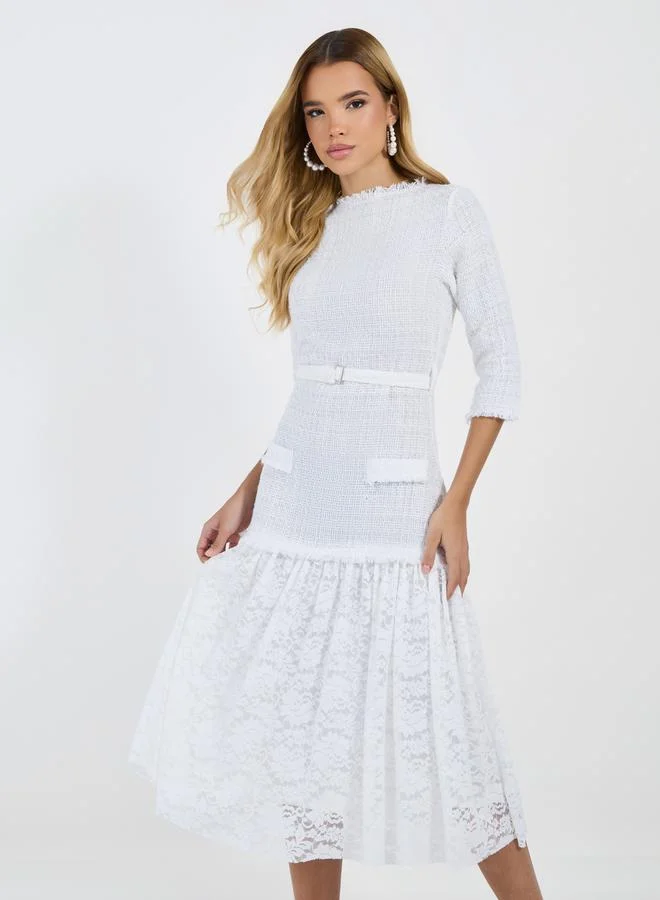 Styli Belted Tweed Lace Dress
