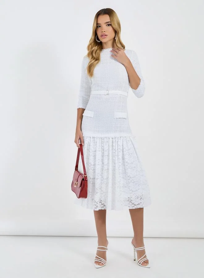 Styli Belted Tweed Lace Dress