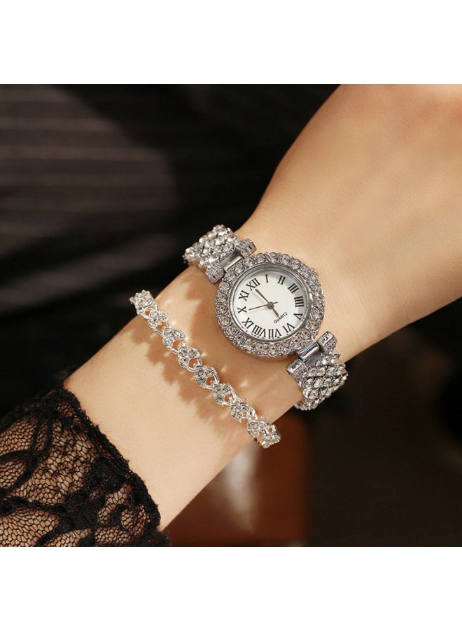 Ladies Wristwatch and Bracelet Luxury Set, Exquisite and Fashionable Casual Women’s Silver Quartz Diamond Watch  - Image 1