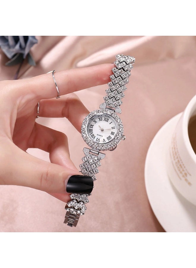 Ladies Wristwatch and Bracelet Luxury Set, Exquisite and Fashionable Casual Women’s Silver Quartz Diamond Watch  - Image 2
