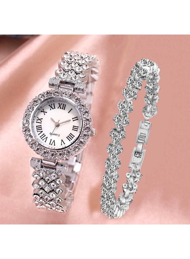 Ladies Wristwatch and Bracelet Luxury Set, Exquisite and Fashionable Casual Women’s Silver Quartz Diamond Watch  - Image 3