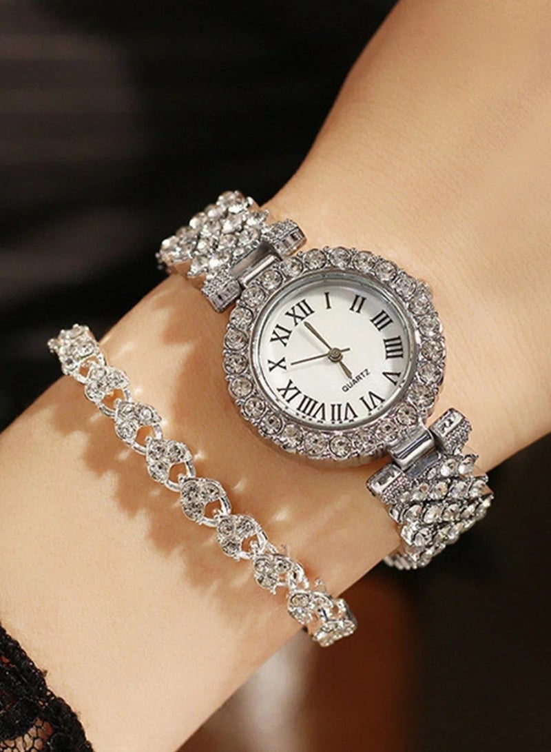 Ladies Wristwatch and Bracelet Luxury Set, Exquisite and Fashionable Casual Women’s Silver Quartz Diamond Watch - Image 1