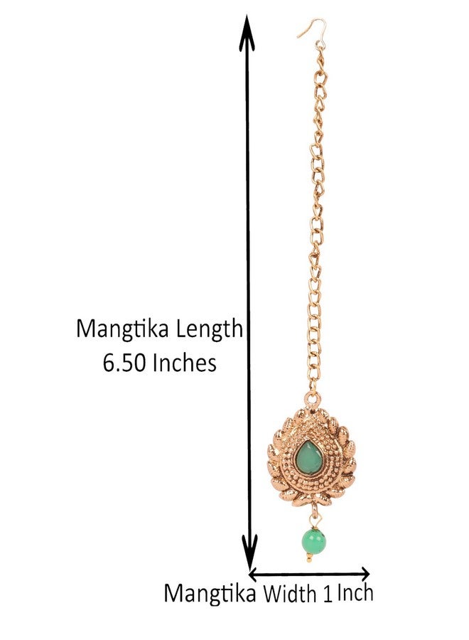 Touchstone New! Touchstone Indian Bollywood Traditional Grain Work Petals Patterns Studded Diamond Look Faux Emerald Designer Jewelry Mangtika Accessory in Antique Gold Tone for Women. - Image 3