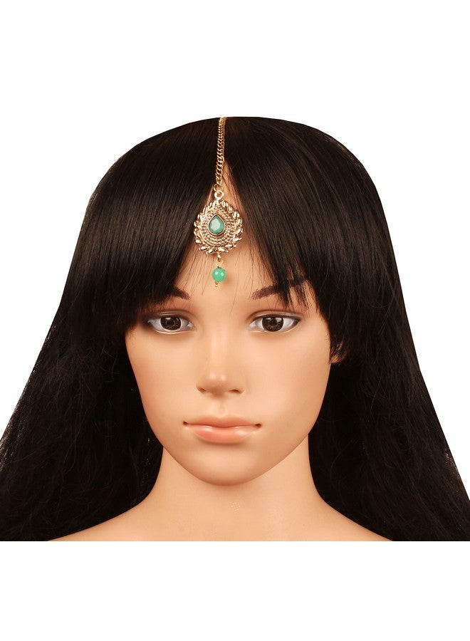 Touchstone New! Touchstone Indian Bollywood Traditional Grain Work Petals Patterns Studded Diamond Look Faux Emerald Designer Jewelry Mangtika Accessory in Antique Gold Tone for Women. - Image 2