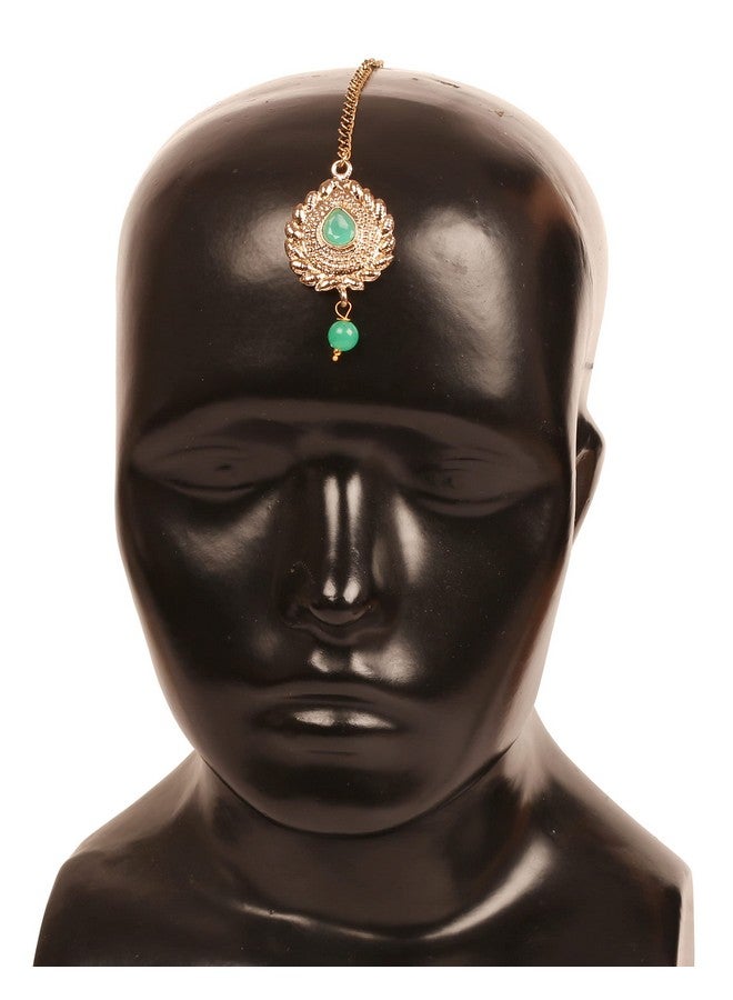 Touchstone New! Touchstone Indian Bollywood Traditional Grain Work Petals Patterns Studded Diamond Look Faux Emerald Designer Jewelry Mangtika Accessory in Antique Gold Tone for Women. - Image 5