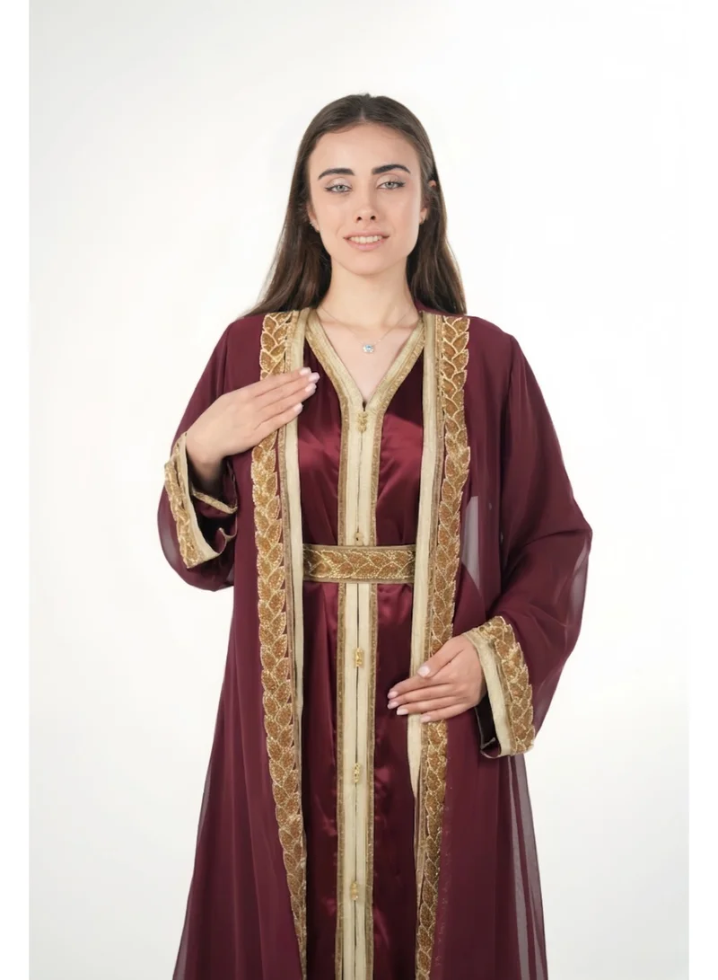 Al Bent Al Sharqieh Burgandy embroidered kaftan jalabiya dress for Women | Best Price UAE