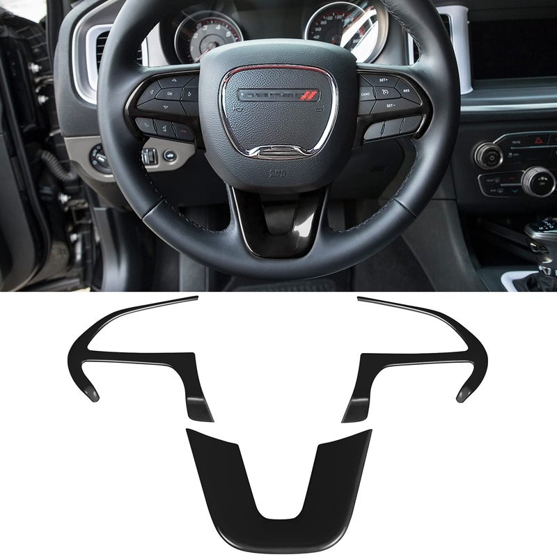 Steering Wheel Cover Trim Interior Accessories Decoration Kit for 20152024 Dodge Challenger Charger for 20142024 Dodge Durango Jeep Grand Cherokee SRT8 Black 3PCS