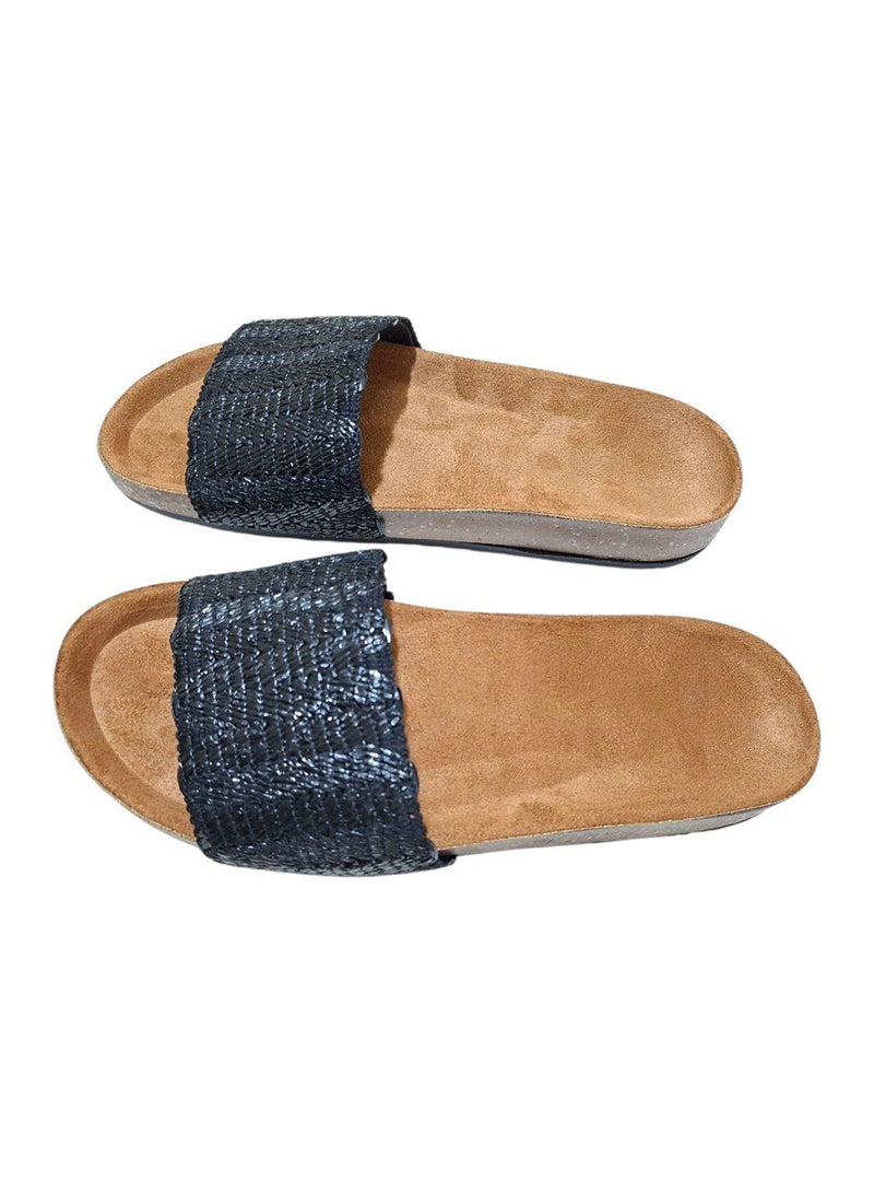 Karisma Flat Squared Toe Slippers With Simple Canvas With Embroidered Upper Strap - Image 2