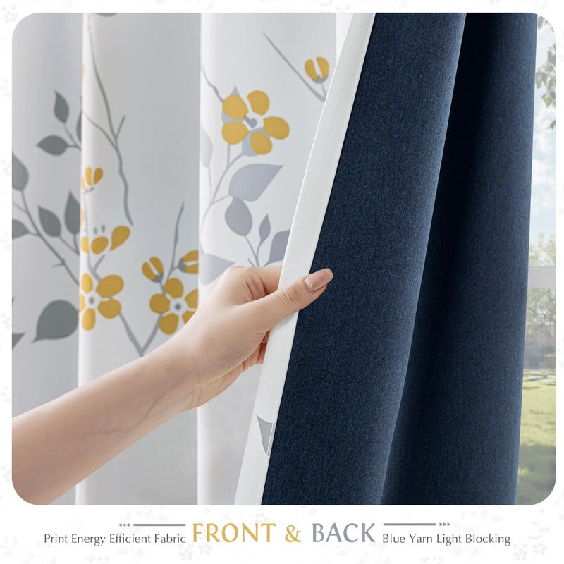 Beauoop Floral 100% Blackout Curtains 84 Inches Long 2 Panels for Bedroom Living Room Yellow Grey and White Flower Patterned Room Darkening Thermal Soundproof Rod Pocket Back Tab Window Drapes, 52X84 - Image 3