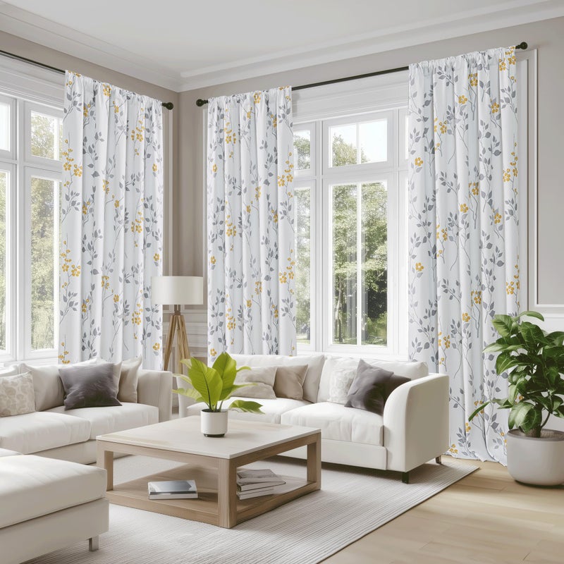 Beauoop Floral 100% Blackout Curtains 84 Inches Long 2 Panels for Bedroom Living Room Yellow Grey and White Flower Patterned Room Darkening Thermal Soundproof Rod Pocket Back Tab Window Drapes, 52X84 - Image 5