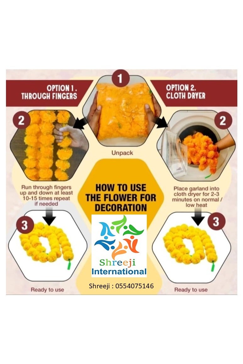 Shreeji Artificial Marigold Garland – Pack of 5, 5.1 ft Each | 34 Flowers per String | 3-Inch Blooms – Largest & Longest in Market | Indian Festival & Wedding Decor - Image 5