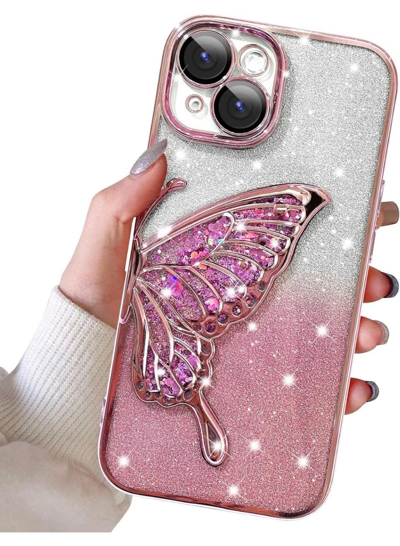 mobistyle Leather Designed For iPhone 13 Cover With Glitter Cute Butterfly Electroplate Plating Design Back Cover Case For Women Teen Girls (Pink) - Image 1
