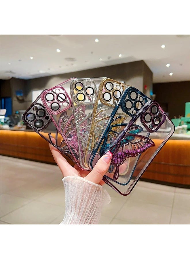 mobistyle Leather Designed For iPhone 13 Cover With Glitter Cute Butterfly Electroplate Plating Design Back Cover Case For Women Teen Girls (Pink) - Image 2