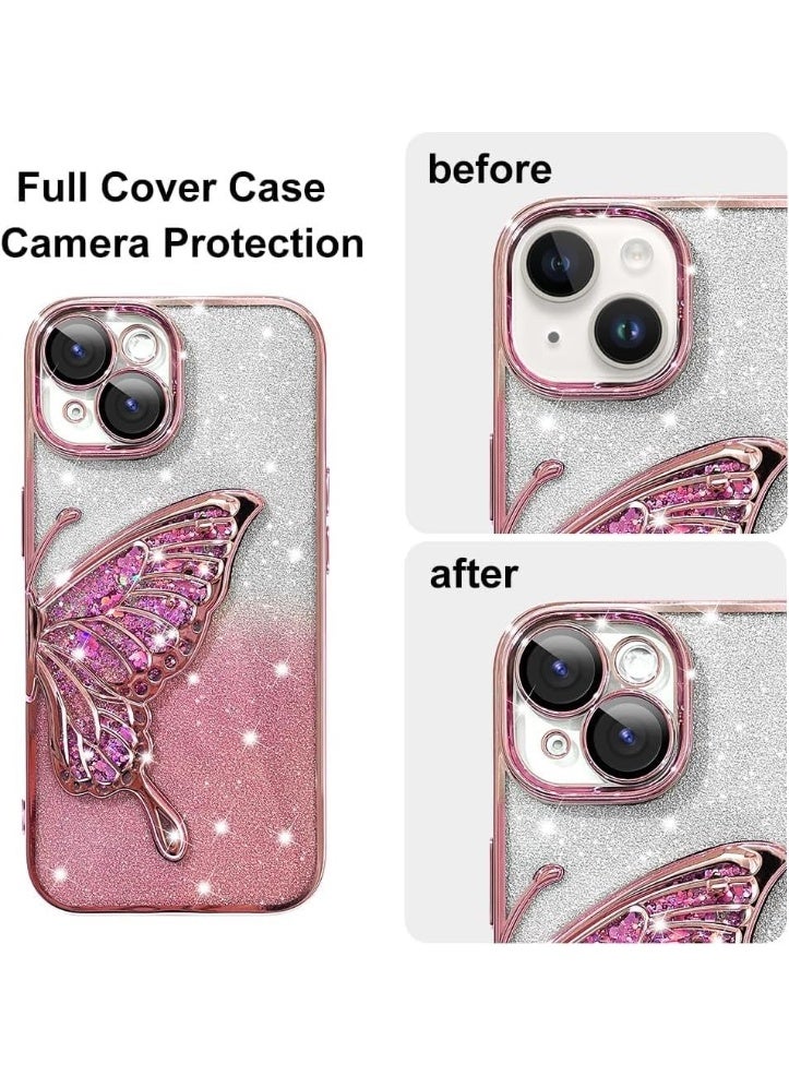 mobistyle Leather Designed For iPhone 13 Cover With Glitter Cute Butterfly Electroplate Plating Design Back Cover Case For Women Teen Girls (Pink) - Image 4