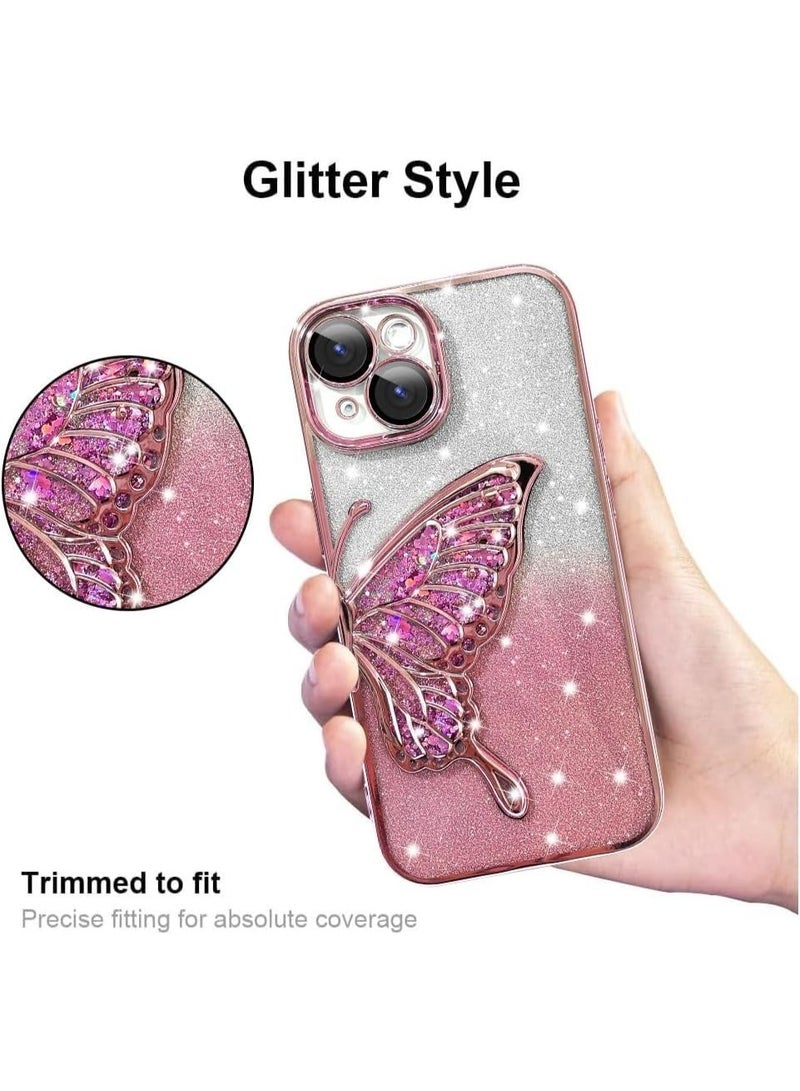 mobistyle Leather Designed For iPhone 13 Cover With Glitter Cute Butterfly Electroplate Plating Design Back Cover Case For Women Teen Girls (Pink) - Image 3