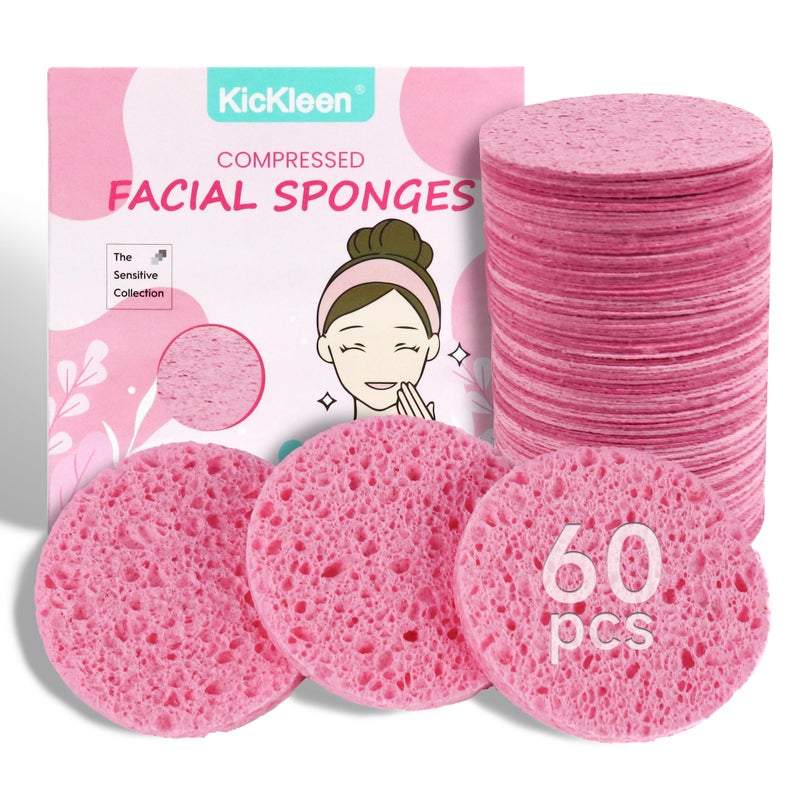60Count Compressed Facial Sponges100 Natural Kickleen Cellulose Cosmetic Spa Sponges for Daily Facial CleansingMakeup and Mask Removal Exfoliating Skin Massage Pore ExfoliationPink