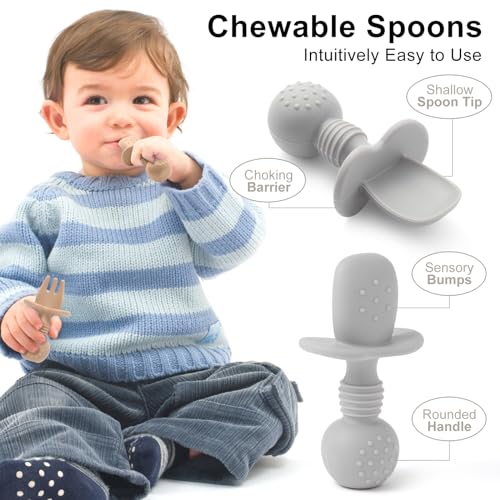 Eascrozn Silicone Baby Feeding Set, 2 Pack Divided Baby Plates with Suction, 2 Pack Spoons and Forks Set, BPA Free, Baby Led Weaning Supplies for Toddler Utensils Baby Feeding Essentials - Image 3