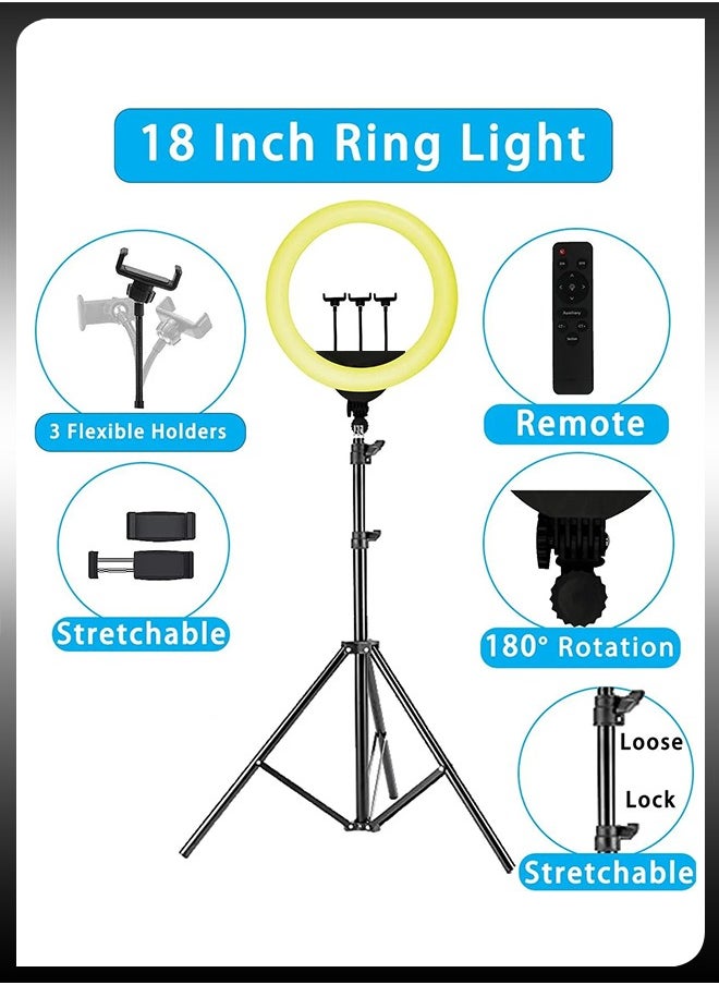 DBLEW - حلقة إضاءة LED للاستوديو سيلفي دائرية مقاس 18 بوصة مع حامل ثلاثي القوائم بطول 2.1 متر وجهاز تحكم عن بعد و3 حوامل للهاتف المحمول لكاميرا الماكياج والتصوير الفوتوغرافي على YouTube والتقاط مقاطع فيديو TikTok Vlog Live Stream المتوافقة - Image 1