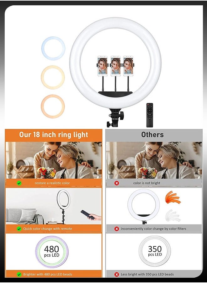 DBLEW - حلقة إضاءة LED للاستوديو سيلفي دائرية مقاس 18 بوصة مع حامل ثلاثي القوائم بطول 2.1 متر وجهاز تحكم عن بعد و3 حوامل للهاتف المحمول لكاميرا الماكياج والتصوير الفوتوغرافي على YouTube والتقاط مقاطع فيديو TikTok Vlog Live Stream المتوافقة - Image 1