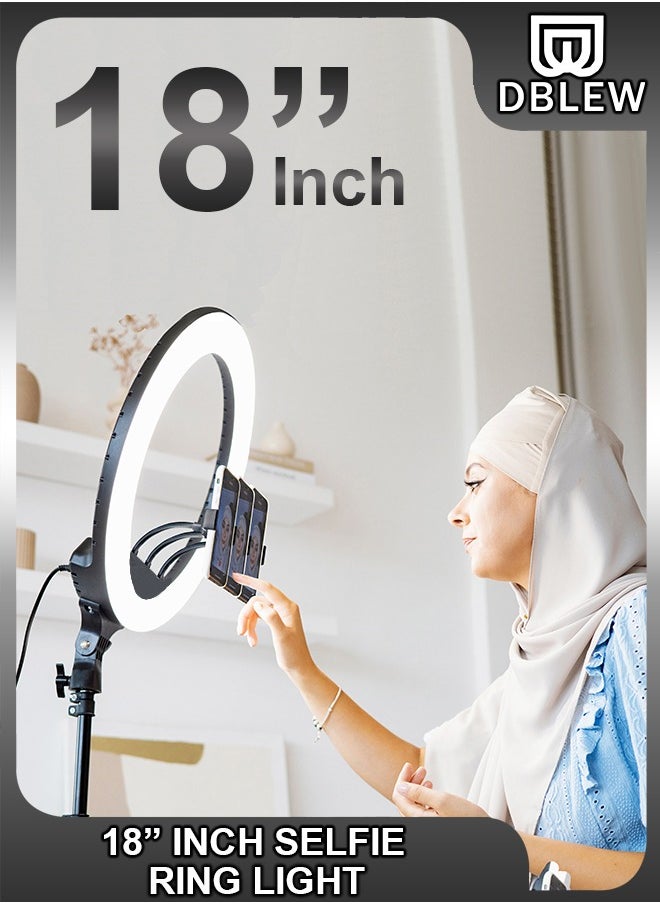 DBLEW - حلقة إضاءة LED للاستوديو سيلفي دائرية مقاس 18 بوصة مع حامل ثلاثي القوائم بطول 2.1 متر وجهاز تحكم عن بعد و3 حوامل للهاتف المحمول لكاميرا الماكياج والتصوير الفوتوغرافي على YouTube والتقاط مقاطع فيديو TikTok Vlog Live Stream المتوافقة - Image 1