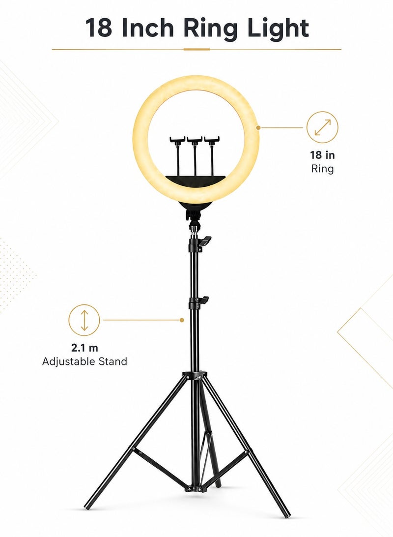 DBLEW LED Ring Light 18 Inch with 3 Light Modes, Brightness Levels, 2.1 m Adjustable Tripod, Remote Control and 3 Phone Holders, Black - Image 2