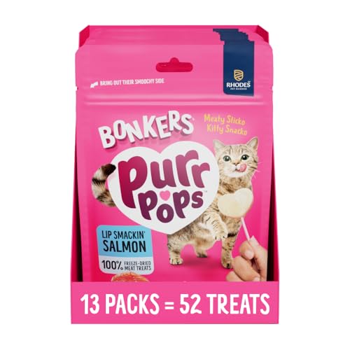 BONKERS Purrpops, Freeze Dried Salmon Flavor Lollipop Cat Treats, Healthy Real Meat Treats, Training Treats or Food Topper, for All Breeds and Ages, Value Pack (13 Pack, 52 Pieces) - Image 1