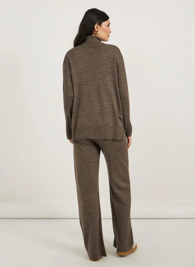 Styli Cable Knit Panelled Sweater and Wide Leg Pants Co-Ords