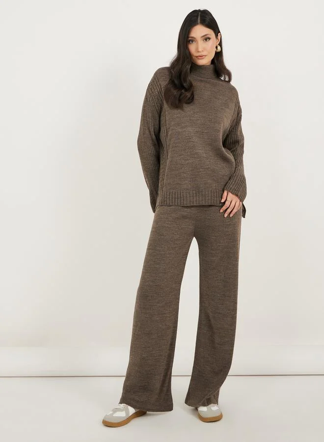 Cable Knit Panelled Sweater and Wide Leg Pants Co-Ords