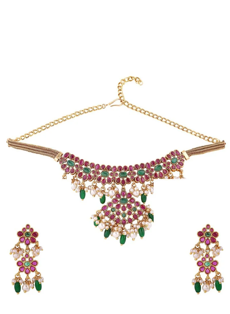Priyaasi Kundan Stone Studded Beaded Teardrop Shaped Drop Earrings