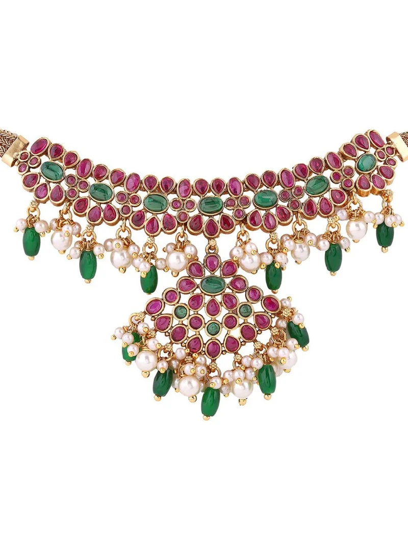 Priyaasi Kundan Stone Studded Beaded Teardrop Shaped Drop Earrings