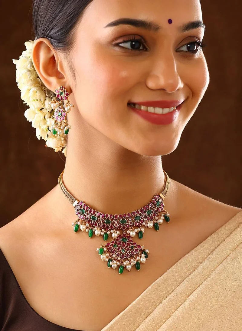 Priyaasi Kundan Stone Studded Beaded Teardrop Shaped Drop Earrings