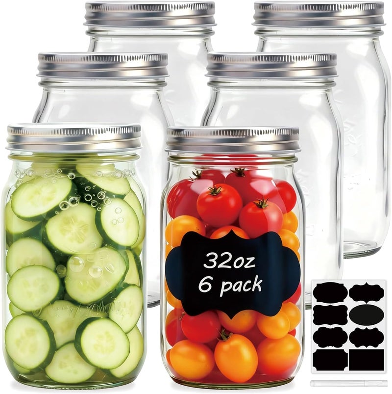 Flrolove Wide Mouth Mason Jars 32 oz, Canning Jars with One-Piece Lids 6 Pack, Glass Jars with Airtight Lid for Food Storage, Pickling, Preserving, Meal Prep, Jam, Honey, Jelly - Image 1