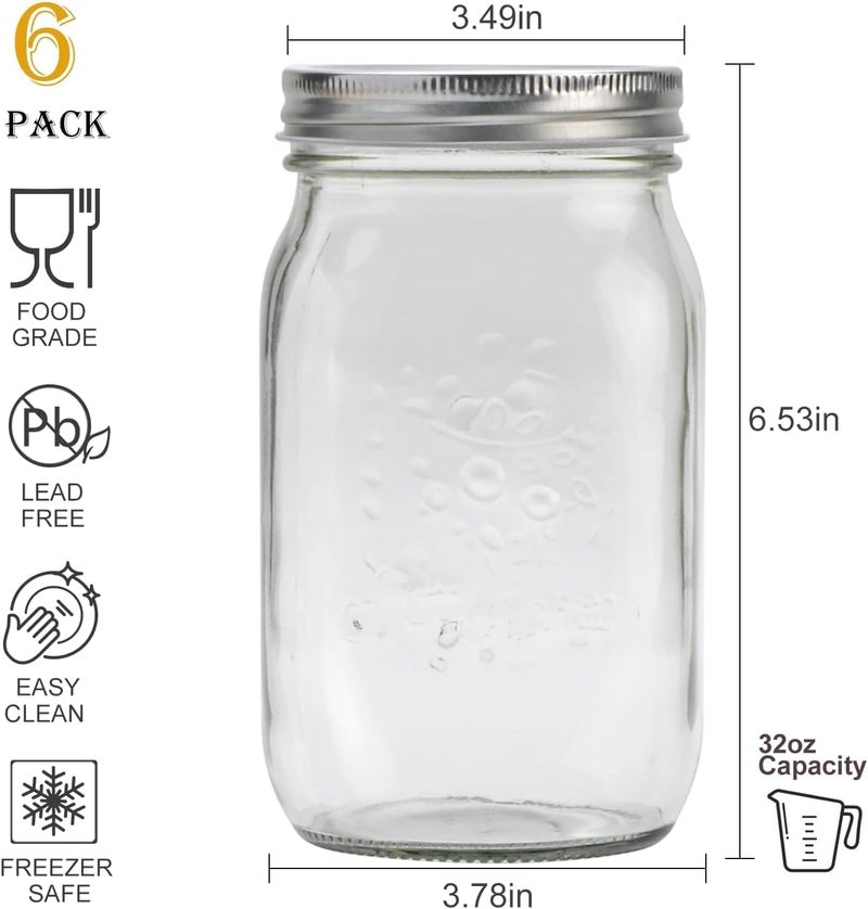 Flrolove Wide Mouth Mason Jars 32 oz, Canning Jars with One-Piece Lids 6 Pack, Glass Jars with Airtight Lid for Food Storage, Pickling, Preserving, Meal Prep, Jam, Honey, Jelly - Image 2