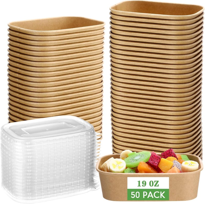 Maxdot 50 Pack Disposable Kraft Paper Bowls with PP Lids Rectangle Paper Food Containers for Lunch Meal Prep,Salad,Ice Cream,Yogurt,Soup Bowls Party Supplies (Brown,19 oz) - Image 1