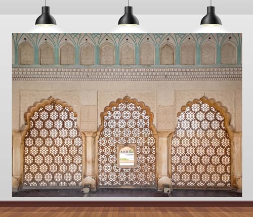 BELECO 7x5ft Fabric Indian Palace Backdrop Delicately Carved Stone, Latticed Screen Amber Palace Background Indian Theme Party Decorations Kids Adults Portrait Photoshoot Studio Props - Image 1
