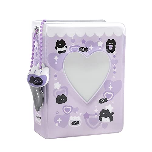 YAHUIPEIUS 3 Inch Mini Photo Album, Heart Hollow Card Binder Photo Card Holder with Pendant 40 Pockets (purple black cat) - Image 1