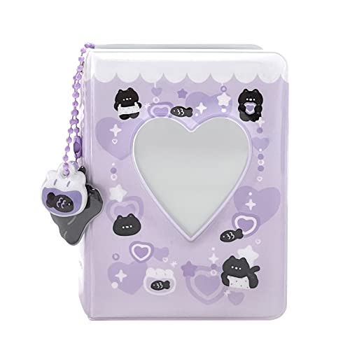 YAHUIPEIUS 3 Inch Mini Photo Album, Heart Hollow Card Binder Photo Card Holder with Pendant 40 Pockets (purple black cat) - Image 2
