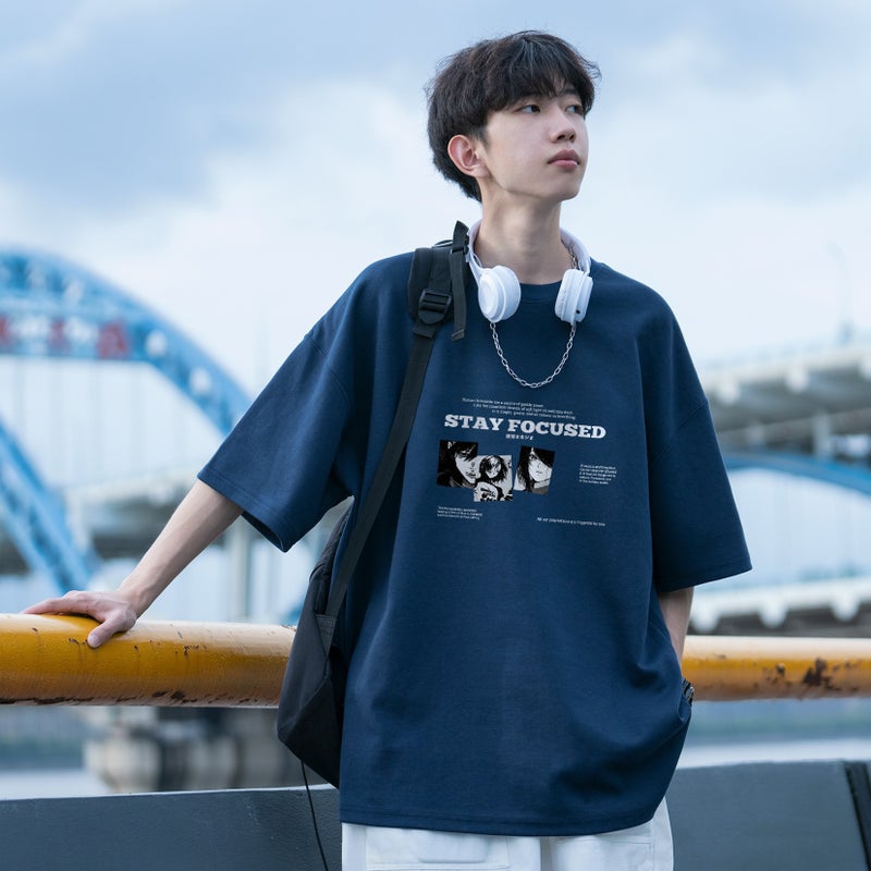 Heavy Print Short-Sleeved T-Shirt Men's Summer Fashion Brand Trendyy Youth Half-Sleeved Oversize Off-Shoulder T-Shirt