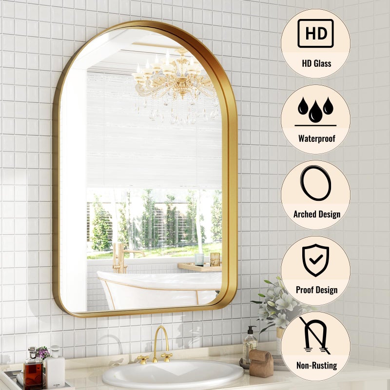 Easly Arched Bathroom Mirror - 38x26 Inch Gold Bathroom Mirror for Wall - Aluminum Alloy Framed Mirror - Arched Top Bathroom Vanity Mirror for Living Room, Bedroom, Mantel, Entryway, and Hallways - Image 4