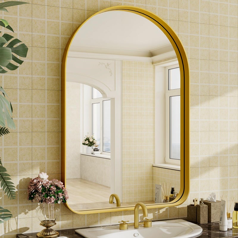 Easly Arched Bathroom Mirror - 38x26 Inch Gold Bathroom Mirror for Wall - Aluminum Alloy Framed Mirror - Arched Top Bathroom Vanity Mirror for Living Room, Bedroom, Mantel, Entryway, and Hallways - Image 5